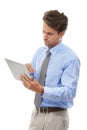 Businessman, tablet and thinking in research, schedule or communication against a white studio background. Man or