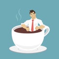 Businessman take a bath in cup of hot coffee