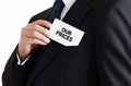 Businessman takes out a business card from his pocket with the message our prices. Business service price offer Royalty Free Stock Photo