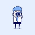 Businessman takes a picture with camera. Cartoon character thin line style vector