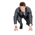 Businessman taking low start to running. On white background. Royalty Free Stock Photo