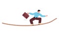 Businessman taking risk balancing on tightrope flat vector illustration isolated.