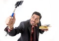 Businessman taking selfie photo with mobile phone camera and stick posing happy and successful with gold bar and money Royalty Free Stock Photo