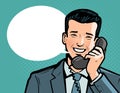 Businessman talking on the phone. Telephone conversation, call up concept. Vector illustration