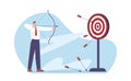 Businessman and target. Targeted campaigns, confident man aim with arrow. Highly achievement and incentive, growth