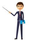 Businessman or teacher with a pointer flat cartoon illustration.