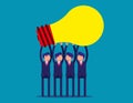 Businessman team holding idea light bulbs above his head. Concept business creative ideas vector illustration. Royalty Free Stock Photo