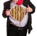 Businessman tearing his shirt piles coins on it