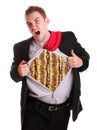 Businessman tearing his shirt piles coins on it Royalty Free Stock Photo