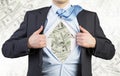 Businessman is tearing the shirt on the chest. Dollar notes under the shirt. The concept of the business soul. Royalty Free Stock Photo