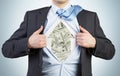 Businessman is tearing the shirt on the chest. Dollar notes under the shirt. Royalty Free Stock Photo