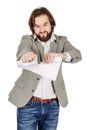 Businessman tearing up a contract or agreement Royalty Free Stock Photo