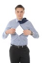 Businessman tears open his shirt