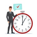 Businessman think on task list, checklist, stopwatch vector