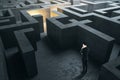 Businessman thinking in gray labyrinth