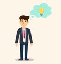 Businessman thinking about ideas. Light bulb icon in speech bubble. Creative idea and inspiration concept. Vector illustration Royalty Free Stock Photo