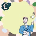 Businessman Thinking Important Informations With Euro Sign And Lightbulb Drawings. Man In Suit Reasoning Crutial