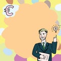 Businessman Thinking Important Informations With Euro Sign And Lightbulb Drawings. Man In Suit Reasoning Crutial