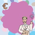 Businessman Thinking Important Informations With Euro Sign And Lightbulb Drawings. Man In Suit Reasoning Crutial