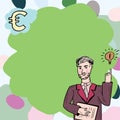 Businessman Thinking Important Informations With Euro Sign And Lightbulb Drawings. Man In Suit Reasoning Crutial