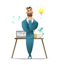 Businessman thinking. Thinking man surrounded by question marks and idea. Vector flat cartoon design illustration Royalty Free Stock Photo