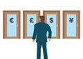 Businessman thinking which door to go into with different currency symbols