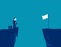 Businessman thinks how to reach the finish flag on the edge of the cliff. Business accessibility vector illustration Royalty Free Stock Photo
