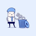 Businessman throw his ego into the trash. Cartoon character thin line style vector.