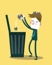 Businessman throw paper waste from his head into trash bin.