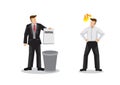 Businessman throwing idea, proposal or agreement into the trash can in front of the creator of the project. Isolated vector