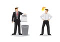 Businessman throwing idea, proposal or agreement into the trash can in front of the creator of the project. Isolated vector Royalty Free Stock Photo