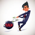 Businessman throwing metal ball with text `Tax`