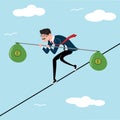 Businessman tightrope walker with bag of money as a symbol of business risk and courage, brave step. Blue sky background. Unstable