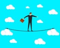 Businessman tightrope walker walking on a tightrope between the clouds. Vector illustration.