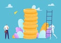 Businessman tiny character standing stack gold coin, robot artificial intelligence hold ladder flat vector illustration. Royalty Free Stock Photo