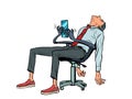 The businessman is tired and fell asleep, the robot chair continues to work for him and respond to messages in the