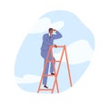 Businessman at top of career ladder with growth limits, searching for new opportunities, looking in future. Concept of