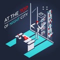 Businessman top night city penthouse office workroom laptop documents isometric flat design concept vector illustration