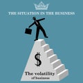 Businessman at the top of the pyramid. A man is in a precarious position. The volatility of business. Vector illustration