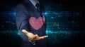 Businessman touch screen with cyber heart and love hologram