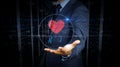 Businessman touch screen with cyber heart and love hologram