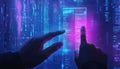Businessman Touches Digital Device With Hud Holographic Office Documents And Binary Code