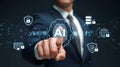AI powered security and data protection represented by businessman gesture and icons Royalty Free Stock Photo