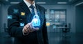 Businessman touches virtual padlock data security network protection Royalty Free Stock Photo
