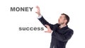 Businessman touching on air words money and success