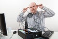 Businessman Touching Cables On Head While Repairing Computer Royalty Free Stock Photo