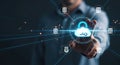 Businessman touching cloud computing icon with padlock for data security and network protection Royalty Free Stock Photo
