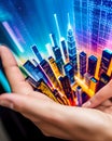 Businessman touching digital holographic cityscape. 3D Rendering.