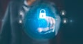 Businessman touching digital lock interface represents centralized cybersecurity, secure system control, data protection, Royalty Free Stock Photo