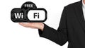 Businessman touching on free Wi Fi icon. Wi fi, mobile communication, internet access, free hot spot